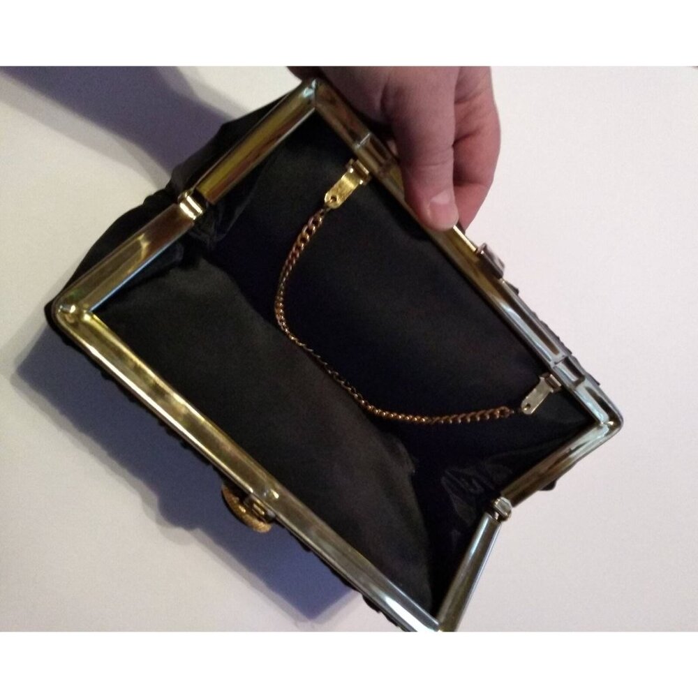 Vintage Black satin clutch handbag purse bag clasp retractable Chain Handle AsIs - Picture 5 of 10